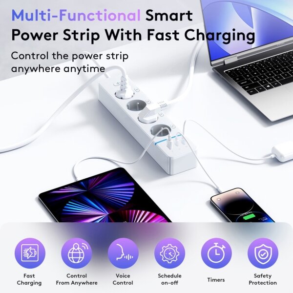 Immax NEO 07821L - Ciabatta NEO LITE Smart con cavo, 4 prese AC + 1x USB + 2x USB-C, Wi-Fi