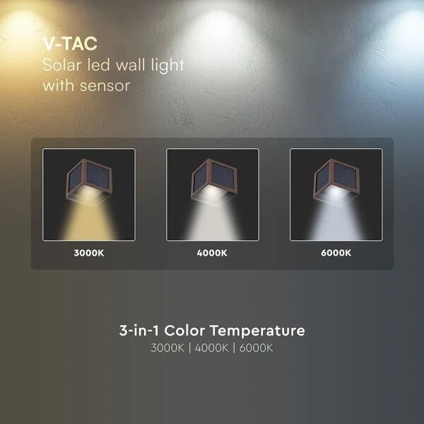 Applique solare LED con sensore, 9W/3,7V, 3000/4000/6000K, IP65, 2600 mAh, marrone