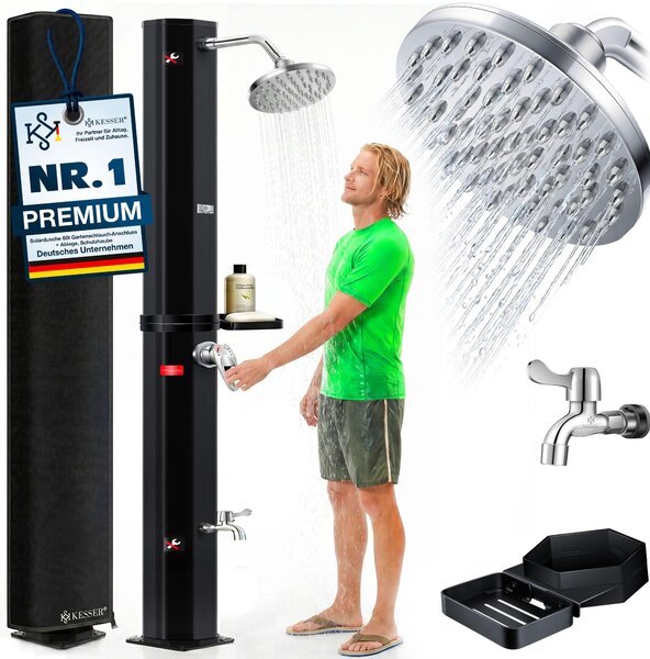 Doccia solare KESSER® 40-60 litri Doccia solare da giardino | acqua calda | max. 60 °C | Incl. ripiano doccia in metallo e cappuccio protettivo | Doccia da piscina da campeggio | Soffione a pioggia e rubinetto Raccordo per tubo da giardino