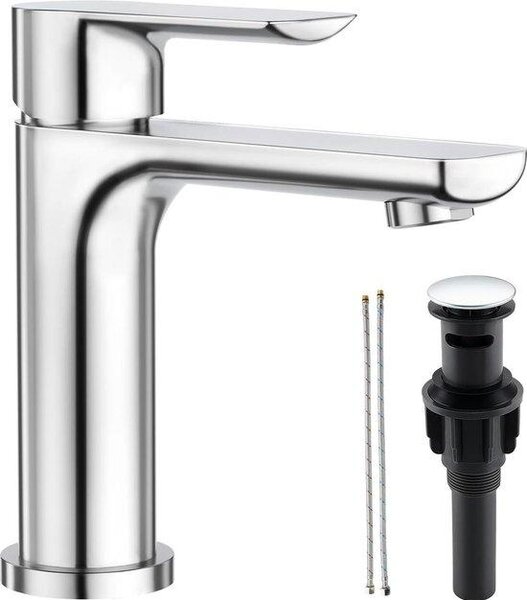 Rubinetto per lavabo - Rubinetto acqua potabile miscelatore monocomando con scarico a scomparsa in acciaio inox lucido cromato - Rubinetti per lavabo bagno linea di alimentazione acqua calda fredda