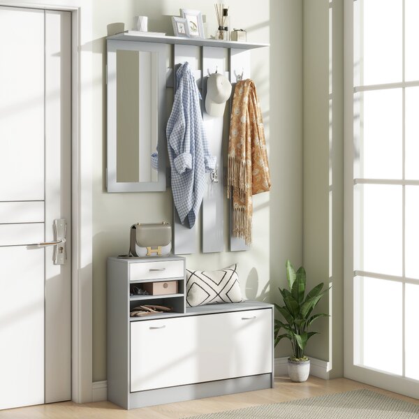 HOMCOM Mobile Appendiabiti 3 in 1 con Scarpiera e Specchio, Ganci e Cassetti, in Legno, 90x10x102 cm, Bianco e Grigio