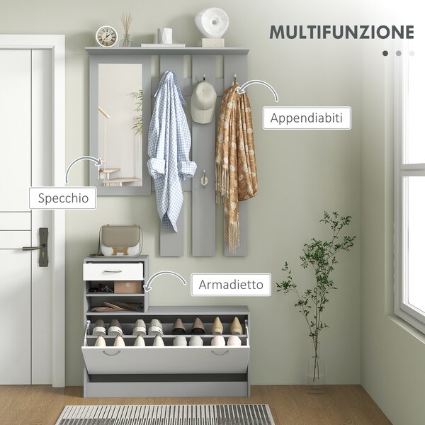 HOMCOM Mobile Appendiabiti 3 in 1 con Scarpiera e Specchio, Ganci e Cassetti, in Legno, 90x10x102 cm, Bianco e Grigio