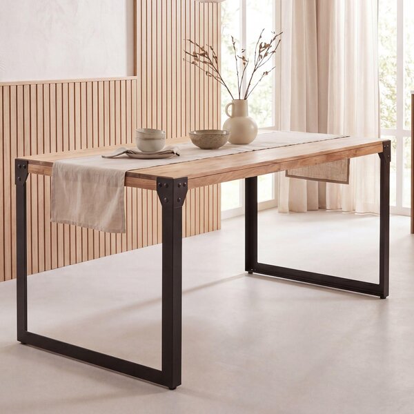 FineBuy Tavolo da pranzo rettangolare 120 cm in legno massiccio di acacia - Piccolo tavolo da pranzo dal design industriale con struttura in metallo, tavolo da cucina in legno 4-6 persone