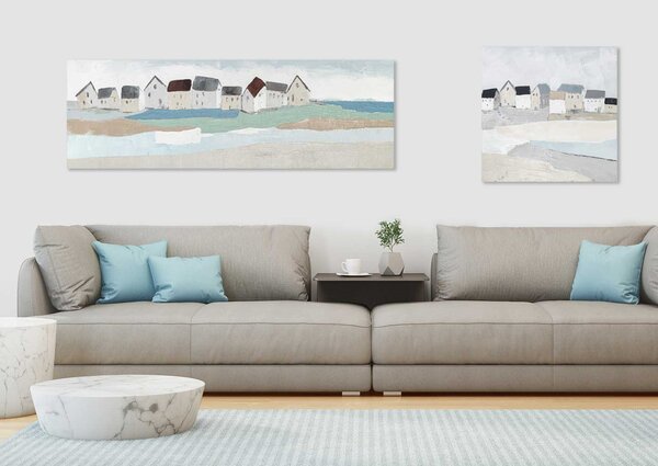Agave Quadro contemporaneo con paesaggio dipinto a mano su tela "Sea Village" 150x50 -