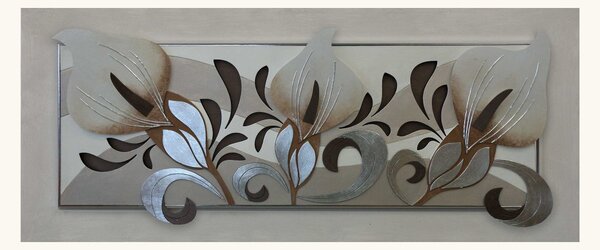 Artitalia Quadro moderno con fiori in rilievo in legno dettagli foglia argento 155x65 -