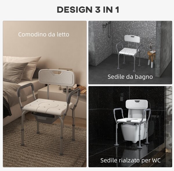 HOMCOM Sedia da Doccia 3 in 1 con Schienale e Braccioli, Altezza Regolabile e Piedini Antiscivolo, Bianco|Aosom