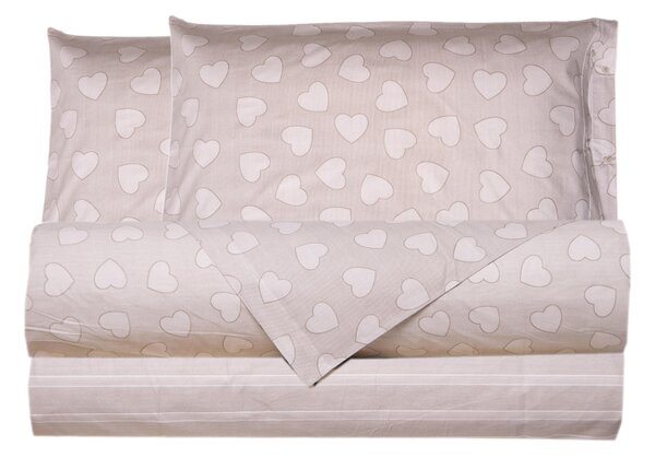 Completo letto lenzuola 100% cotone made in italy CUORI TORTORA - SINGOLO