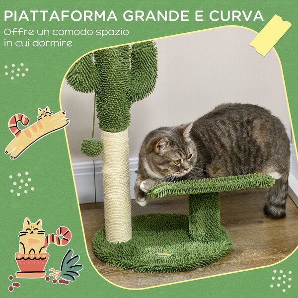 PawHut Albero per Gatti a forma di Cactus con Tiragraffi e Pallina da Gioco, 35x31x55.5 cm, Verde e Bianco|Aosom