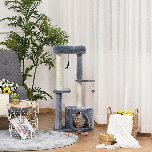 PawHut Albero Tiragraffi per Gatti con Cuccia e Colonna In Sisal con Giocattoli sospesi Stabili Altezza 147 cm|Aosom