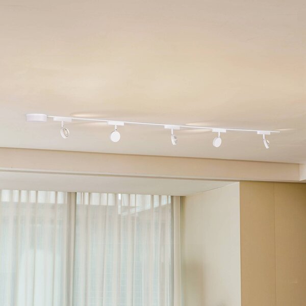 Sistema a binario 48 V Lumaro, faretti, 5 luci, bianco, Ø 7 cm, dimmerabile Lumaro 48V Lindby,, Bianco / Opale, Soggiorno / Sala da pranzo, Alluminio, Moderno
