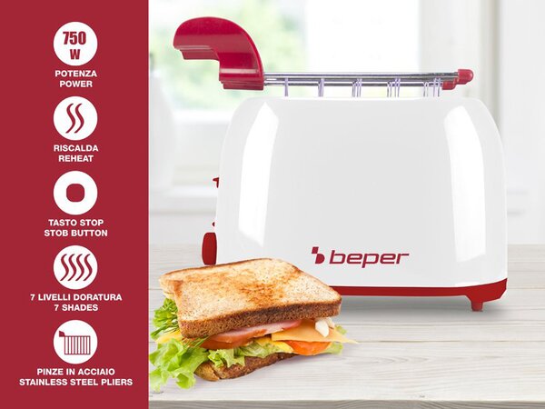 Beper Tostapane con pinze 2 Fette Potenza 750 Watt Pinze in Acciaio colore Bianco/Rosso - P101TOS100