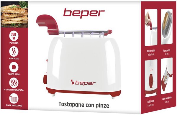 Beper Tostapane con pinze 2 Fette Potenza 750 Watt Pinze in Acciaio colore Bianco/Rosso - P101TOS100