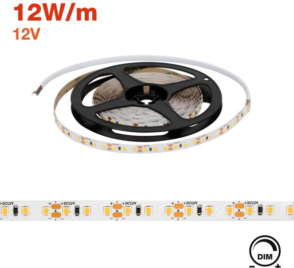 Striscia LED 2835/120, 12V, 12W/m, IP20, 5m Colore Bianco Caldo 3.000K