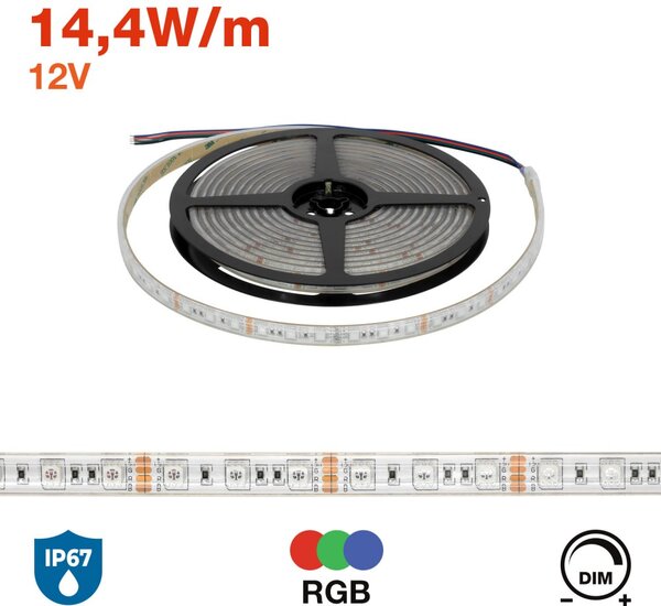 Striscia LED 5050/60, 12V, IP67, 14,4W/m , 5m - RGB Colore RGB