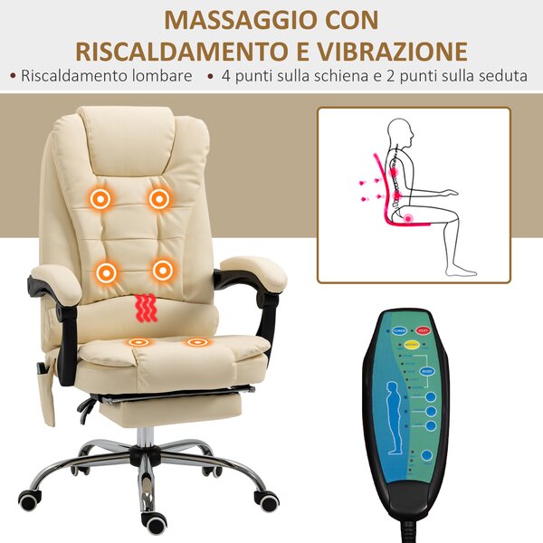Vinsetto Poltrona da Ufficio Massaggiante Ergonomica ad Altezza Regolabile con 6 Punti, Sedia con Schienale regolabile e Poggiapiedi, Crema | Aosom Italy