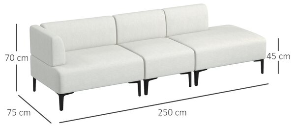 HOMCOM Divano Moderno Modulabile a 3 Sezioni in Tessuto con Gambe in Acciaio, 250x75x70cm, Crema|Aosom