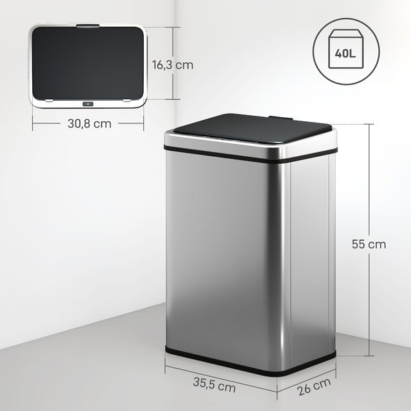 HOMCOM Pattumiera Automatica con Sensore 40 L in Acciaio Inox Anti-Impronta, Chiusura Ammortizzata, Argento | Aosom Italy