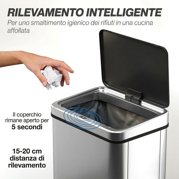 HOMCOM Pattumiera Automatica con Sensore 40 L in Acciaio Inox Anti-Impronta, Chiusura Ammortizzata, Argento | Aosom Italy