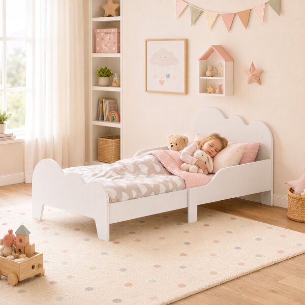AIYAPLAY Letto Montessori per Bambini 3-8 Anni, 143.5x74.5 cm con Sponde Anti-Caduta, Forma di Nuvola in Legno, Bianco | Aosom Italy