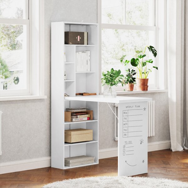 HOMCOM Scrivania Moderna Pieghevole con Libreria e Lavagna, in Legno e Metallo, 98x51x153 cm, Bianco | Aosom Italy