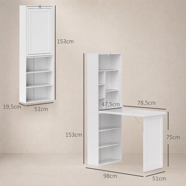 HOMCOM Scrivania Moderna Pieghevole con Libreria e Lavagna, in Legno e Metallo, 98x51x153 cm, Bianco | Aosom Italy