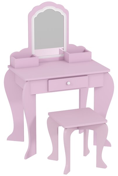 ZONEKIZ Set Toeletta per Bambina con Specchio Trucco e Sgabello Abbinato in Legno, Cassetto e Contenitori, Rosa | Aosom Italy