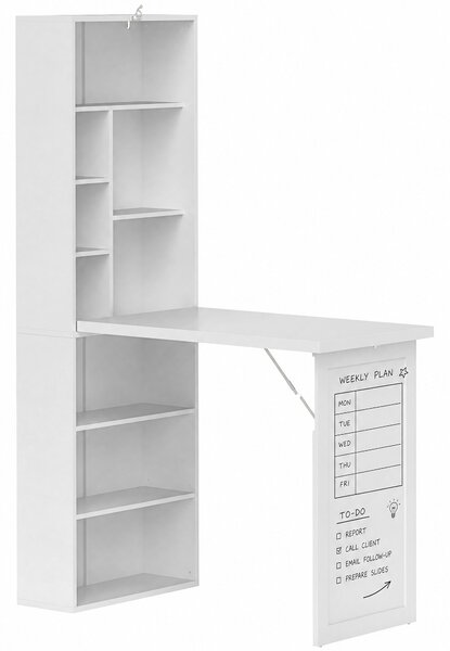 HOMCOM Scrivania Moderna Pieghevole con Libreria e Lavagna, in Legno e Metallo, 98x51x153 cm, Bianco | Aosom Italy