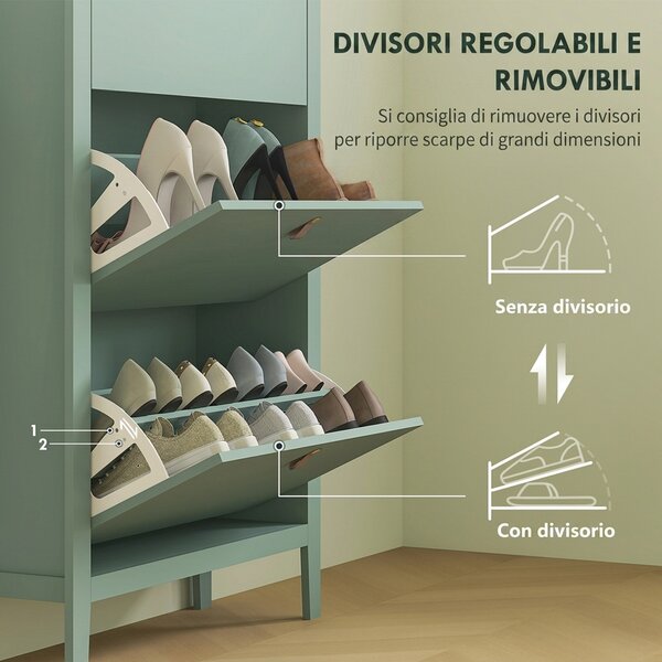 HOMCOM Scarpiera Slim 3 Cassetti per 21 Paia di Scarpe Taglia EU44 e Ripiani Regolabili, 80x24x131cm, Verde | Aosom Italy