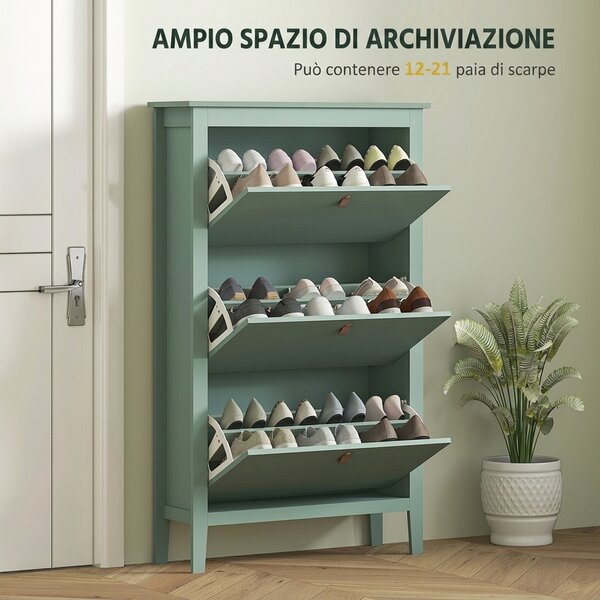 HOMCOM Scarpiera Slim 3 Cassetti per 21 Paia di Scarpe Taglia EU44 e Ripiani Regolabili, 80x24x131cm, Verde | Aosom Italy
