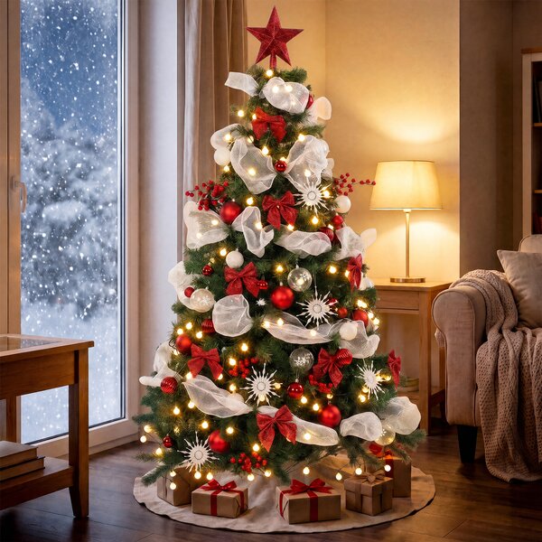 Albero Natale Folto Ø110x180 cm con 200 Luci LED Telecomando 8 Modalità 800 Rami Palline e Nastri in PVC