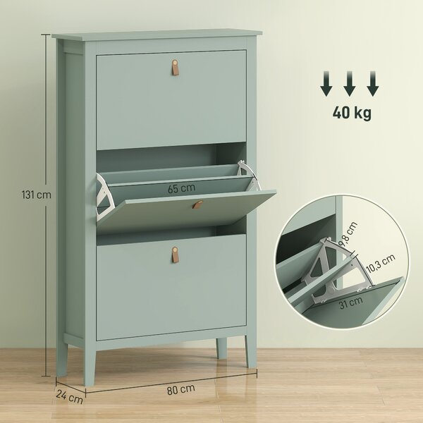 HOMCOM Scarpiera Slim 3 Cassetti per 21 Paia di Scarpe Taglia EU44 e Ripiani Regolabili, 80x24x131cm, Verde | Aosom Italy