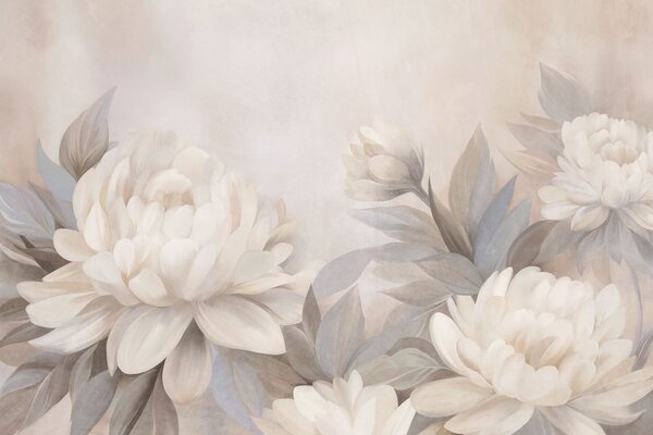 Carta da parati Peonie con texture e foglie dai toni tenui, su uno sfondo dai colori pastello delicati, Carta da parati Buffer, w10061 : Uwalls.it