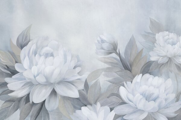 Carta da parati Peonie con texture e foglie dai toni tenui, su uno sfondo dai colori pastello delicati, Carta da parati Buffer, w10061v1 : Uwalls.it