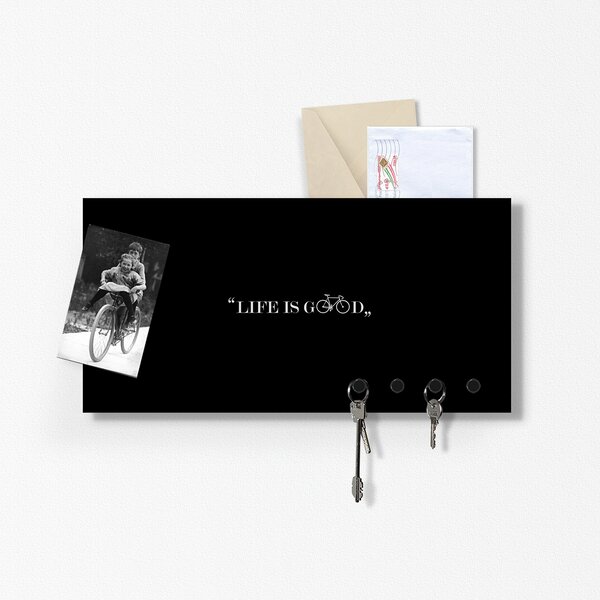 Design Object Portachiavi da parete con lavagna magnetica e portadocumenti "LIFE IS GOOD" Metallo Nero
