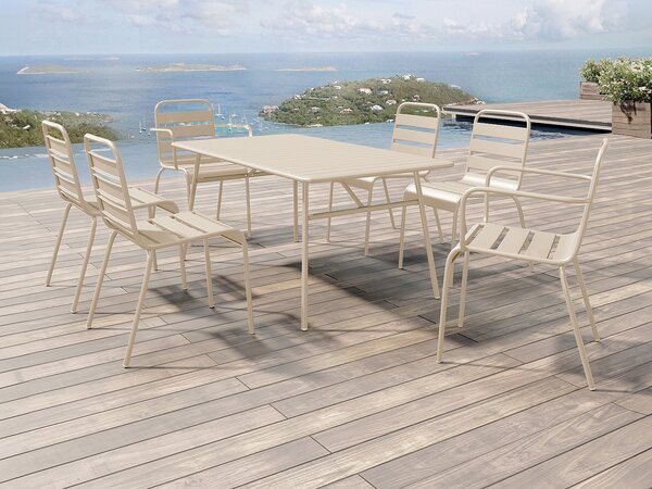 Sala da pranzo da giardino 1 tavolo L.160 2 sedie braccioli 4 sedie impil. Metallo Beige - MIRMANDE di MYLIA