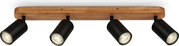 BRILONER - Lampada da soffitto retrò con legno, lampada da soffitto vintage a 4 luci, 4x attacco GU10, spot LED regolabile, spot da soffitto rustico, nero-legno, 550x60x85 mm