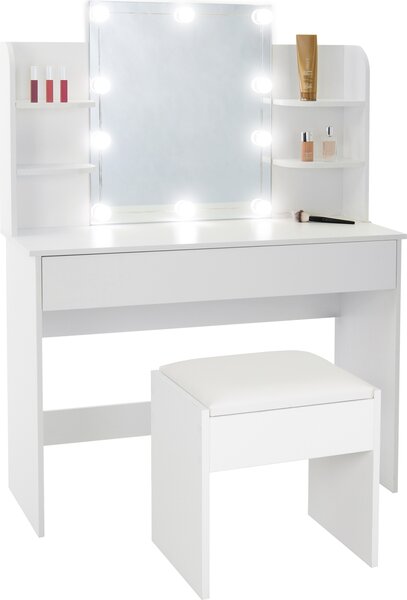 ECD Germany Tavolino da toilette bianco con sgabello imbottito, tavolo cosmetico con specchio, illuminazione LED, 1 cassetto e 4 scomparti, 108x40x140 cm, in legno MDF