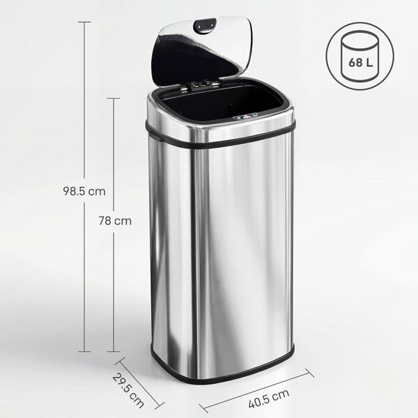 HOMCOM Pattumiera Cestino dei rifiuti in Acciaio Inox con Sensore a Infrarossi 68L, Rettangolare, Colore: Argento