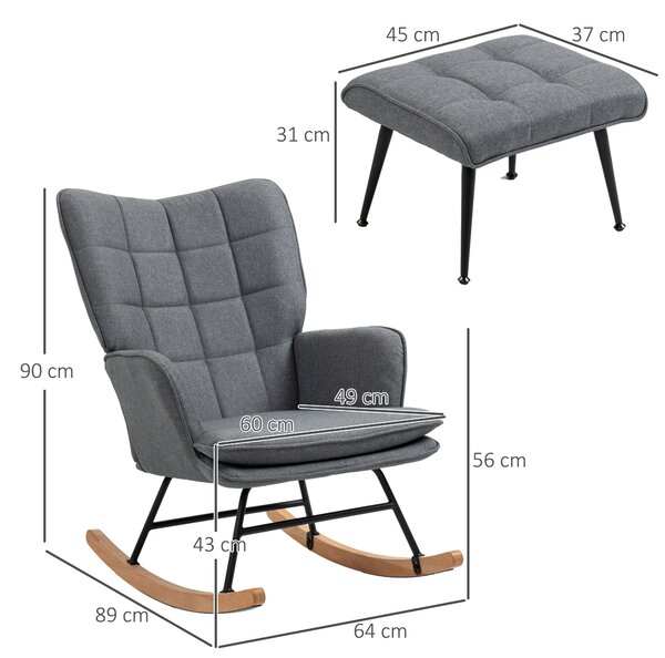HOMCOM Sedia a Dondolo con Pouf in Tessuto Effetto Lino e Legno con Cuscino, Braccioli, Capacità 130 kg, Grigio | Aosom Italy