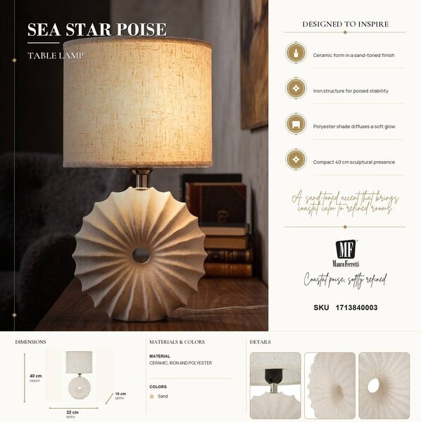Lampada da tavolo color crema in ceramica con paralume in tessuto (altezza totale 40 cm) Anemone – Mauro Ferretti