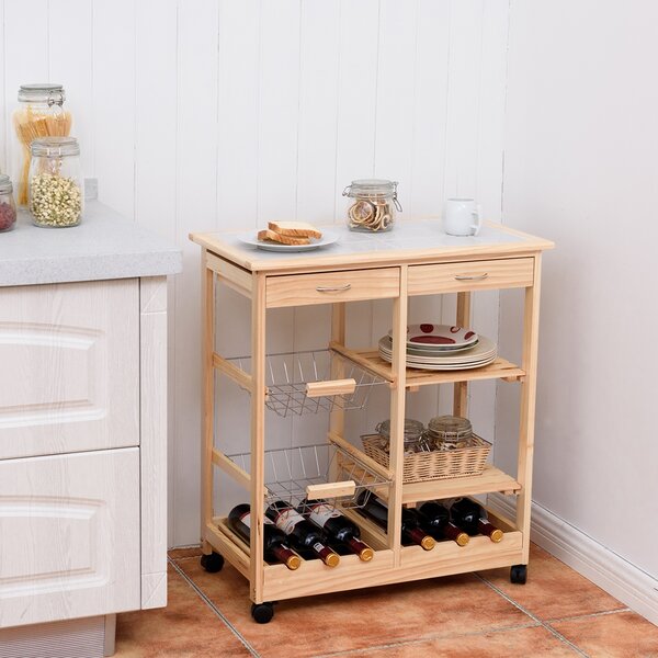 Costway Carrello da cucina con 2 cassetti portabottiglie e cestini frutta in metallo, Carrello in legno 67x37x76cm Naturale