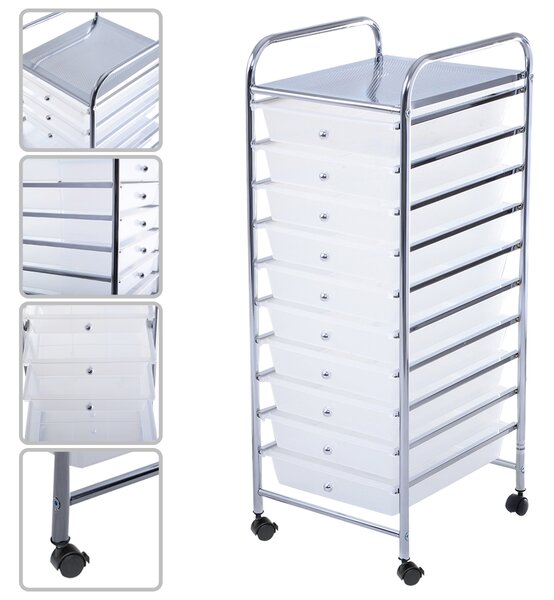 Costway Carrello cassettiera multiuso con 10 cassetti da cucina Contenitore con ruote a 10 ripiani per bagno trasparente