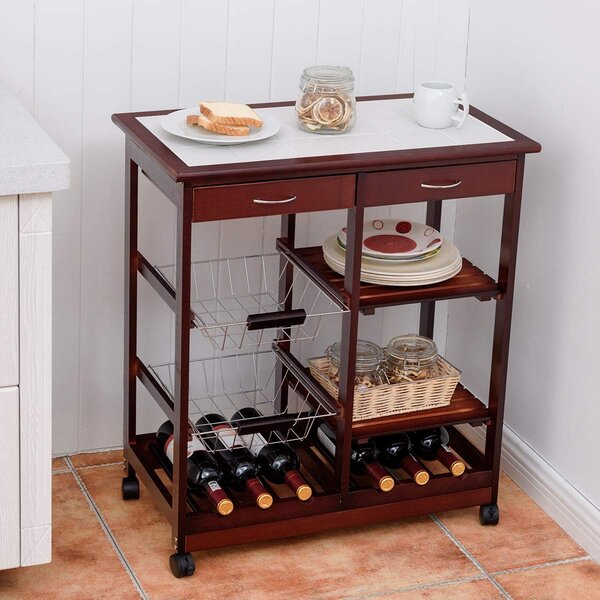 Costway Carrello da cucina con 2 cassetti portabottiglie e cestini frutta in metallo, Carrello in legno 67x37x76cm Marrone