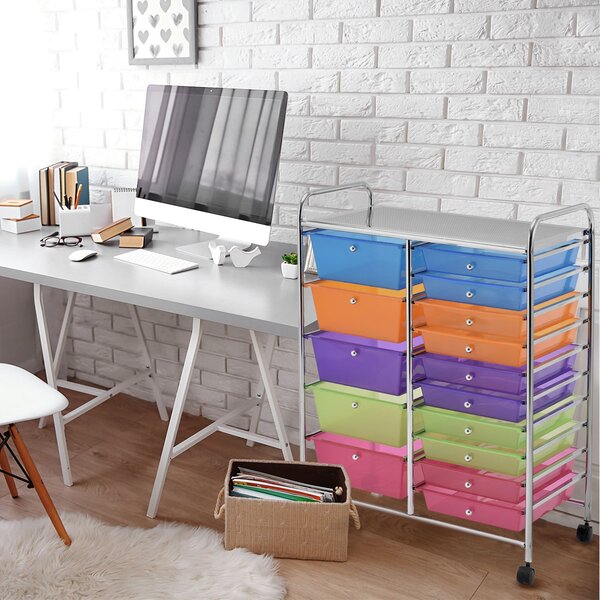 Costway Carrello cassettiera multiuso con 15 cassettiera in plastica da cucina Contenitore con ruote Colorato