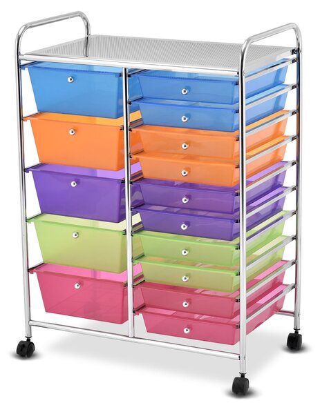 Costway Carrello cassettiera multiuso con 15 cassettiera in plastica da cucina Contenitore con ruote Colorato