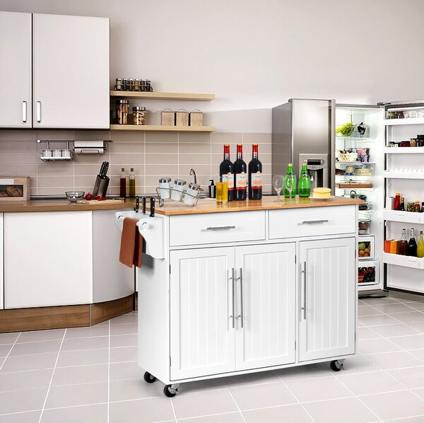 Costway Carrello da cucina in legno con 2 cassetti e maniglia, Armadietto da cucina con ruote 122x45,5x92,5cm Bianco