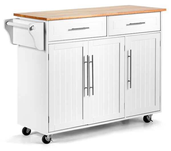 Costway Carrello da cucina in legno con 2 cassetti e maniglia, Armadietto da cucina con ruote 122x45,5x92,5cm Bianco