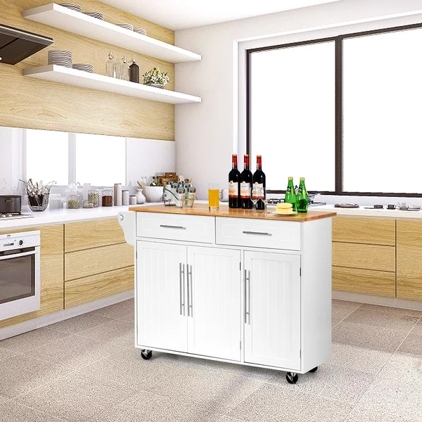 Costway Carrello da cucina in legno con 2 cassetti e maniglia, Armadietto da cucina con ruote 122x45,5x92,5cm Bianco