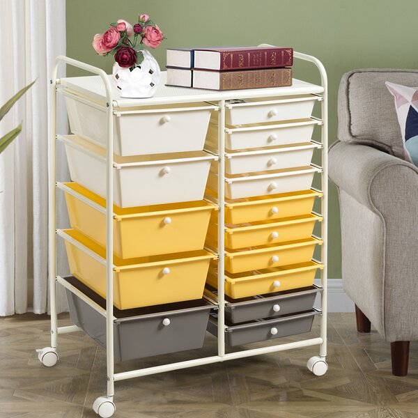 Costway Carrello cassettiera multiuso con 15 cassettiera in plastica da cucina Contenitore con ruote Giallo