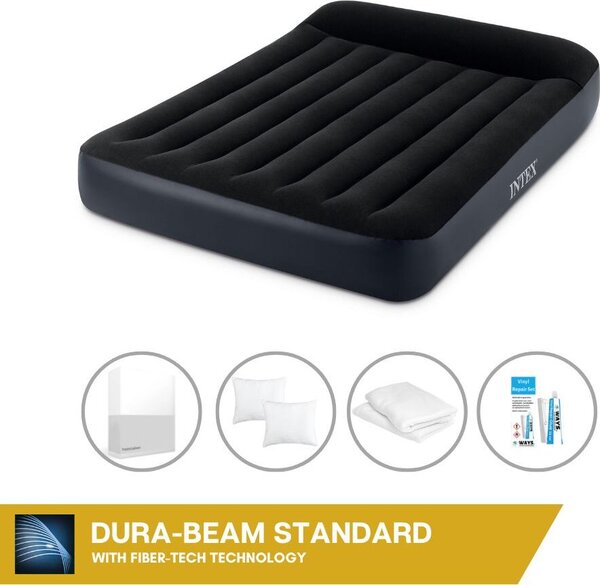 Letto ad aria Intex - 2 persone - 137 x 191 x 25 cm - Nero - Con pompa incorporata + lenzuola bianche + cuscino + federe Molton 2 in 1 + set di riparazione